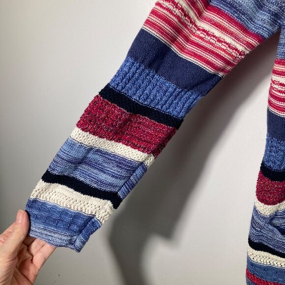 J Jill Striped Linen Blend Cardigan L V Neck Collar Red White Blue - Picture 5 of 11